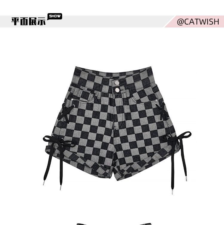 High Waist Checkerboard Lace-Up Denim Wide Leg Shorts Product Image