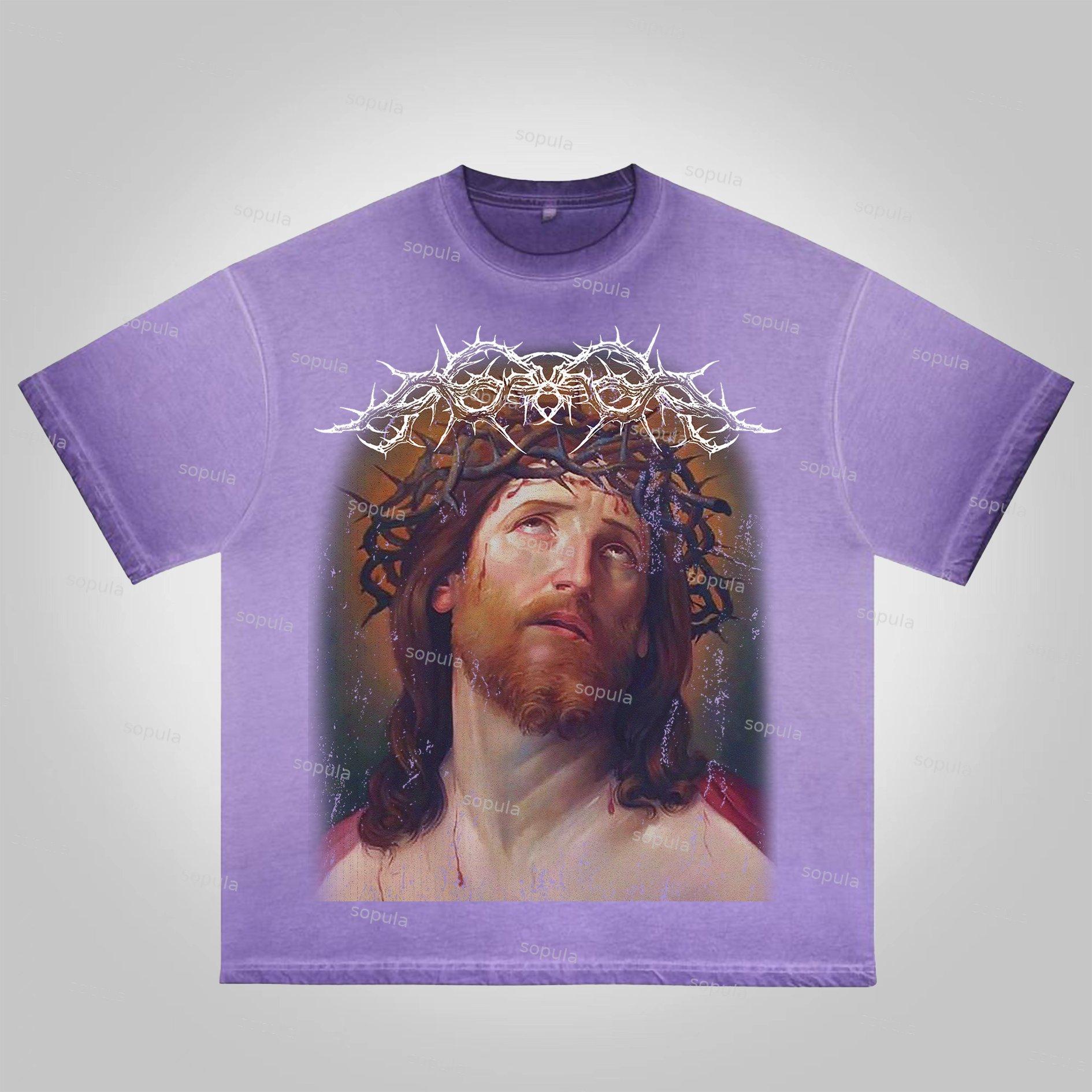 Sopula Vintage Jesus Portrait Graphic Bible Print Washed Cotton T-Shirt Product Image