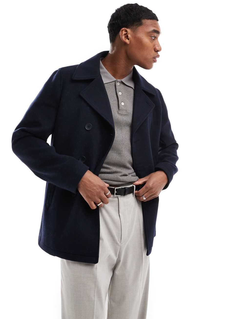 French Connection double breasted coat in navy Product Image