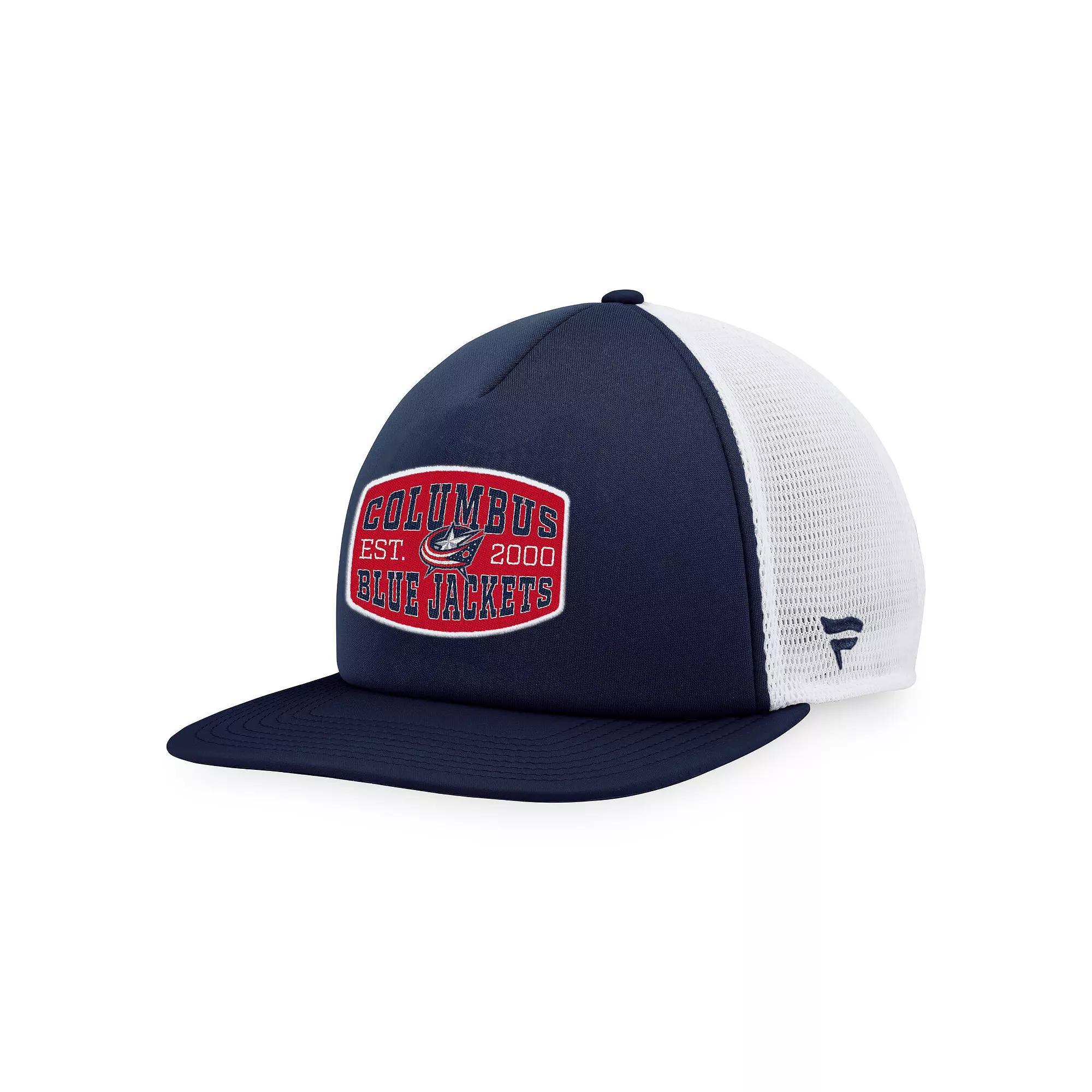 Men's Fanatics Branded Navy/White Columbus Blue Jackets Foam Front Patch Trucker Snapback Hat Product Image