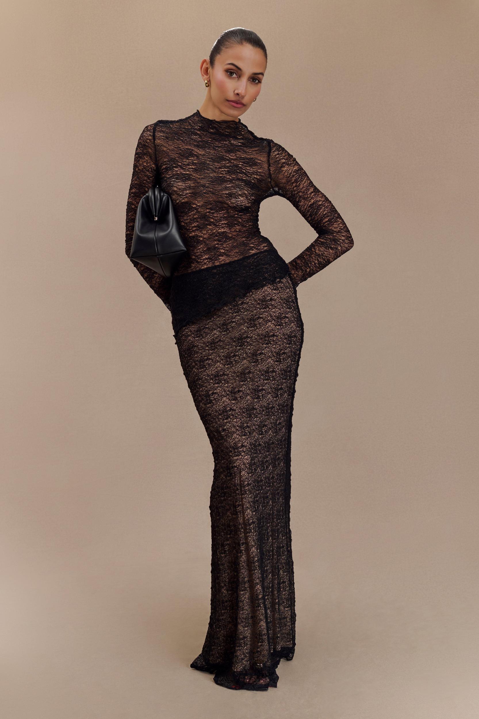 Riley Sheer Lace Long Sleeve Top - Black Product Image