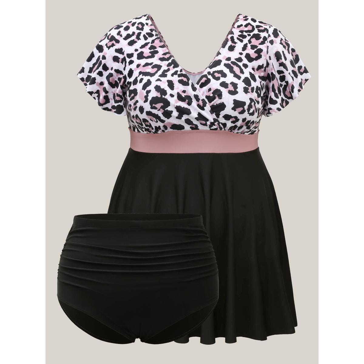 Plus Size Leopard Print Color Contrast Swim Dress Women's Swimwear Black Beach Bodycon Overlap Collar High stretch Curve Swim Dresses BloomChic 12/L Product Image