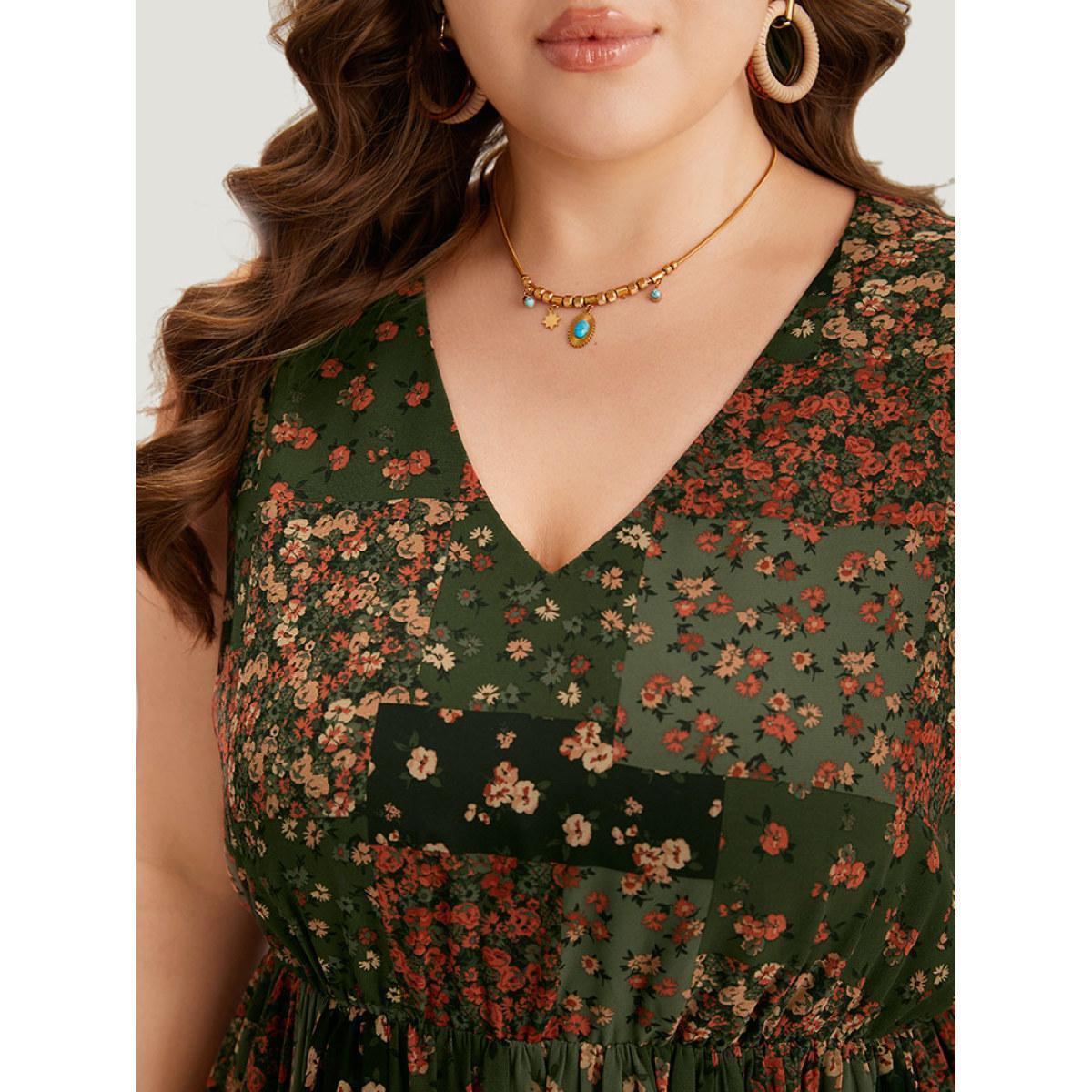 Plus Size Floral Print Pocket Contrast Tank Dress ArmyGreen Women Vacation Printed V-neck Sleeveless Curvy Midi Dress BloomChic 10/M Product Image