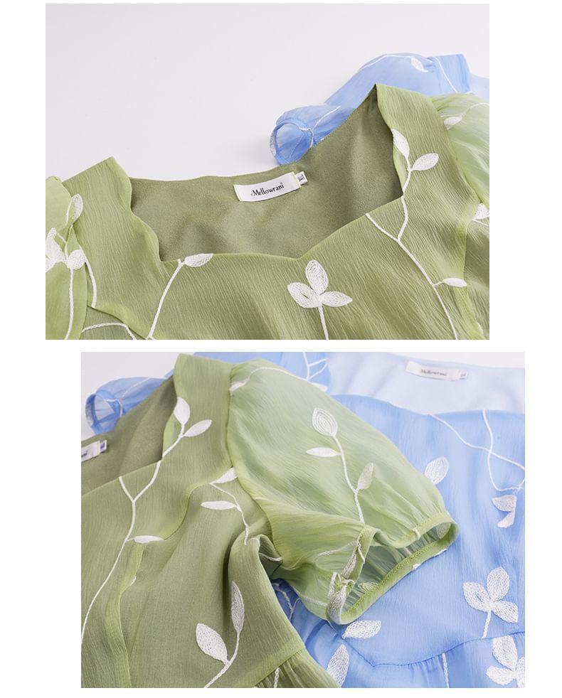 Short-Sleeve Leaf Embroidered Midi A-Line Dress Product Image