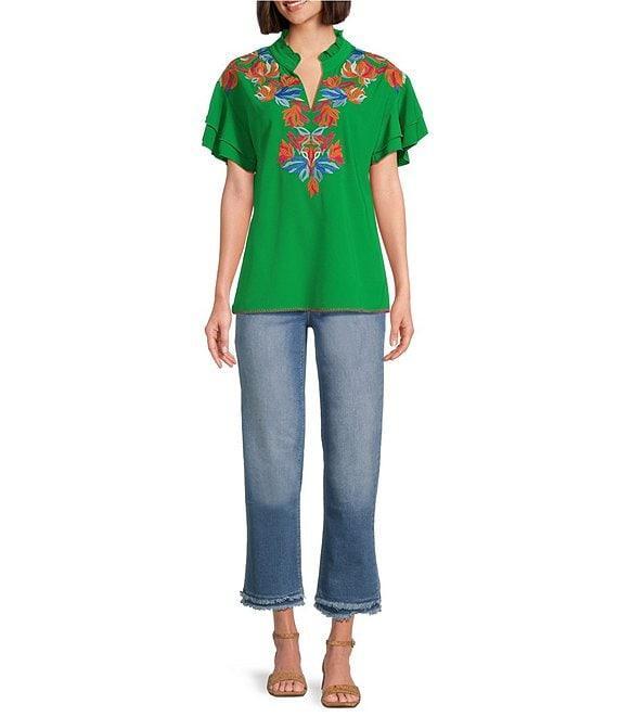 Calessa Embroidered Ruffle Double Layer Short Sleeve Top Product Image