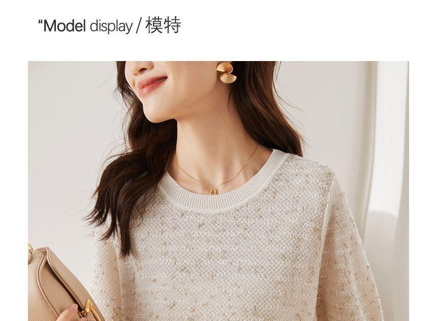 Short-Sleeve Round Neck Melange Knit Top Product Image