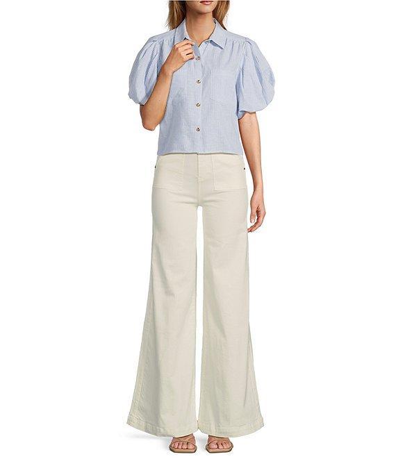 A Loves A Linen Stripe Point Collar Short Bubble Sleeve Button Front Shirt Product Image