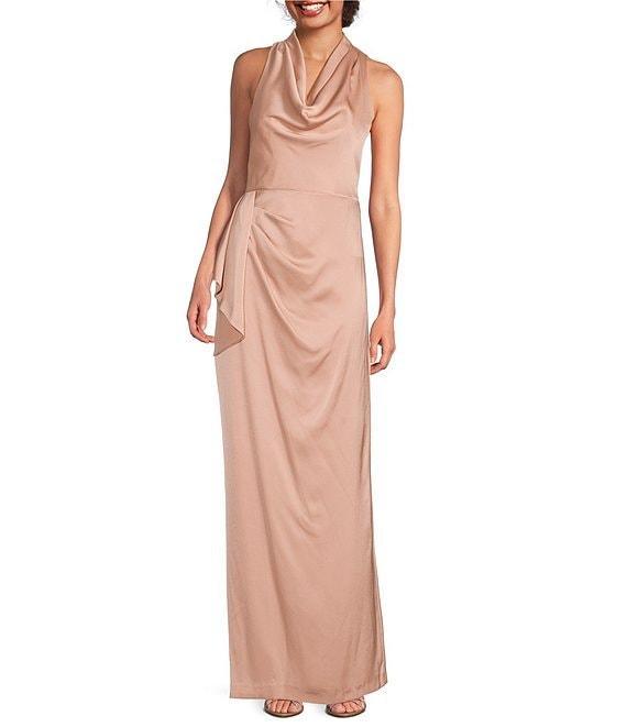 Aidan Mattox Satin Cowl Neck Sleeveless Side Ruffle Gown Product Image