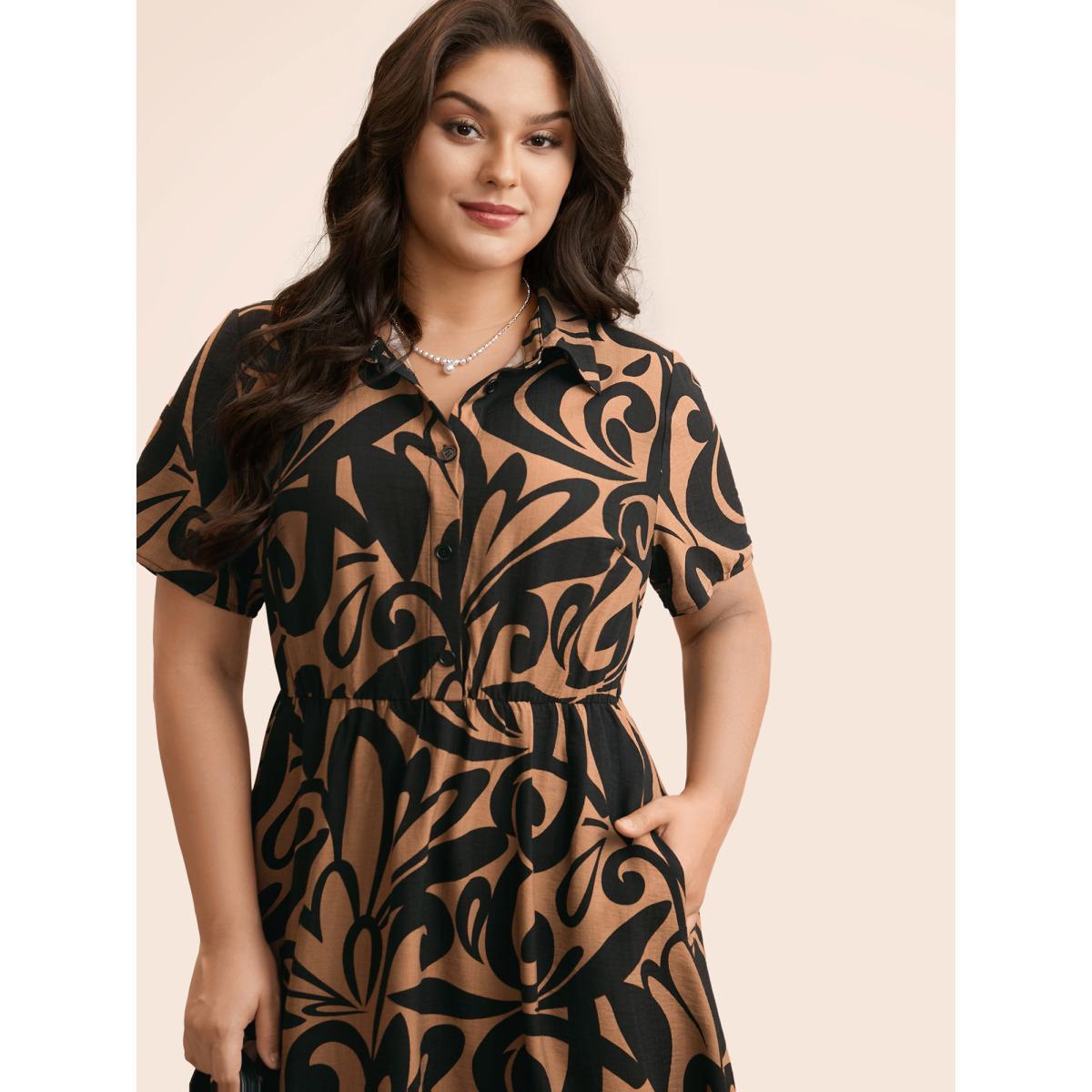 Plus Size Boho Print Shirt Collar Midi Dress Yellowishbrown Women At the Office Button Shirt collar Short sleeve Curvy BloomChic 26/4X Product Image