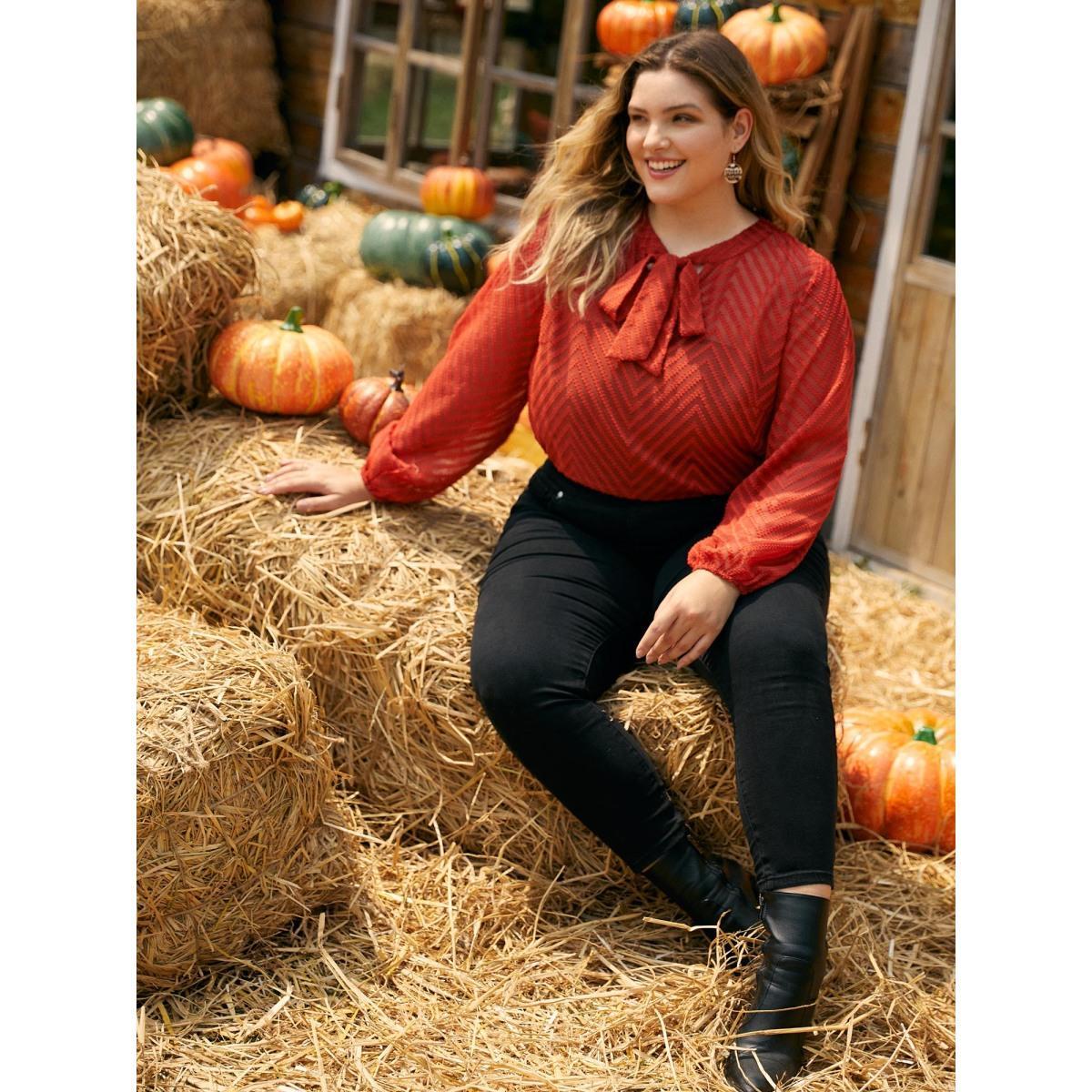 Plus Size Rust Wicked Neck Ribbon Lantern Sleeve Blouse Women Elegant Long Sleeve Ribbon-tied collar Everyday Blouses BloomChic 30/6X Product Image