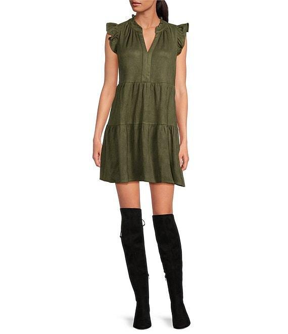 Skies Are Blue Faux Suede Split V-Neck Ruffle Cap Sleeve Tier Dress Product Image
