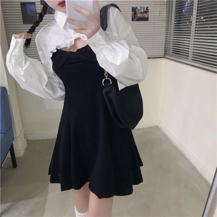 Collar Long-Sleeve Cropped Ruffled Blouse / V-Neck Plain Spaghetti Strap A-Line Mini Dress Product Image