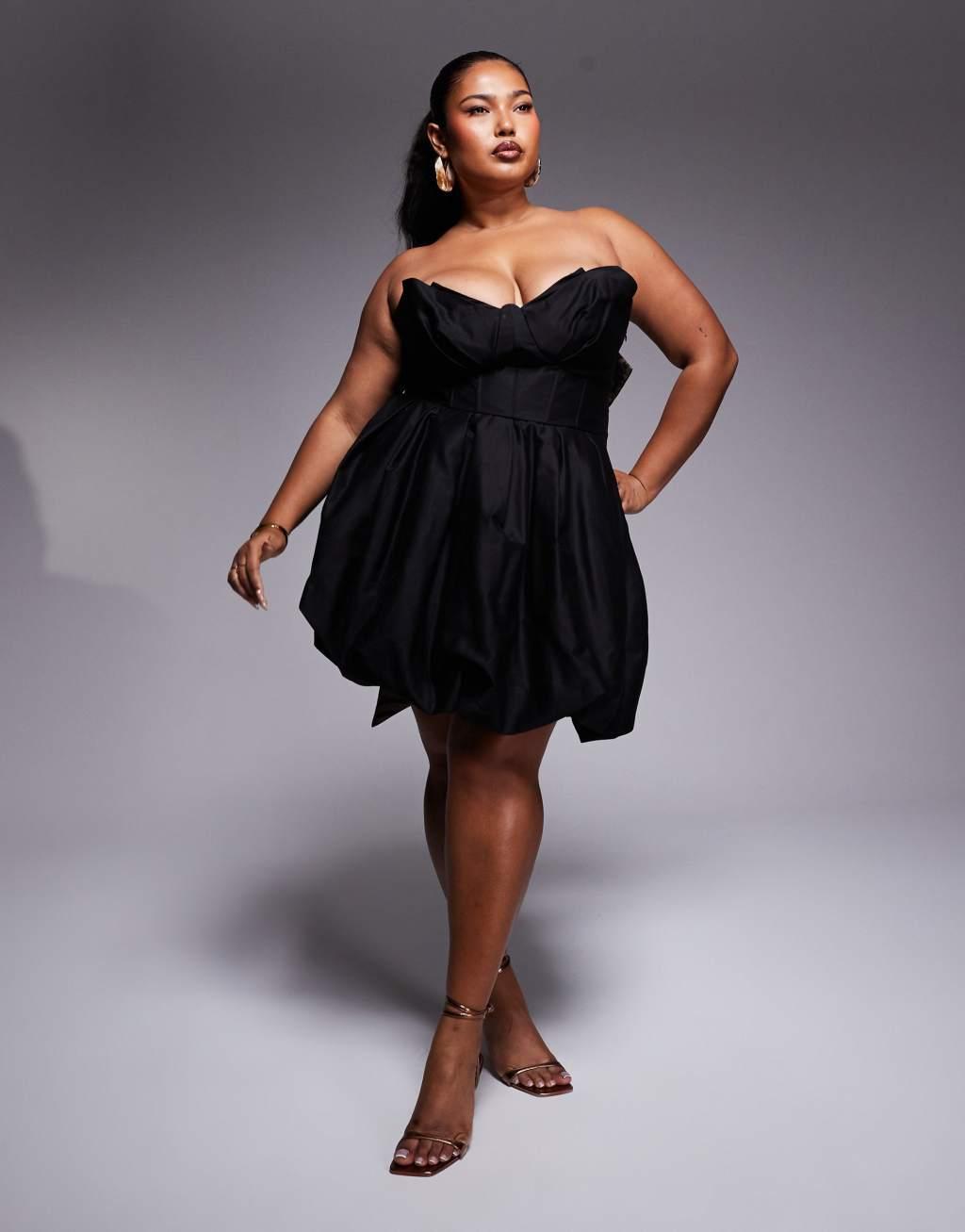 ASOS LUXE Curve cotton sateen structured mini dress with jacquard leopard bow in black Product Image