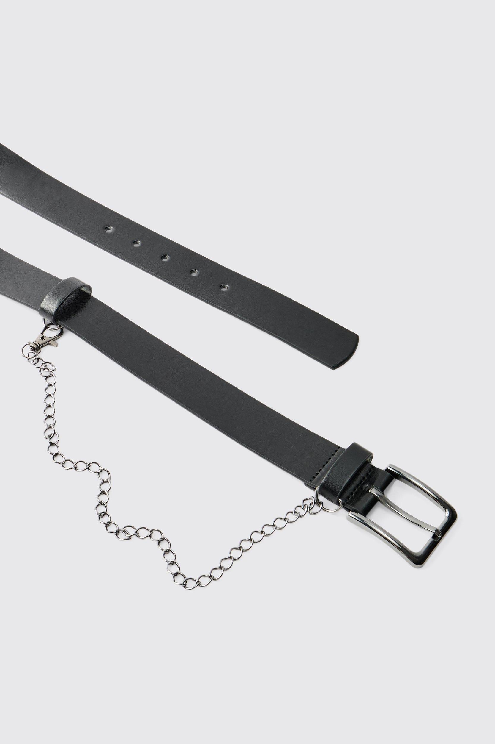 Faux Leather Belt With Chain | boohooMAN USA Product Image