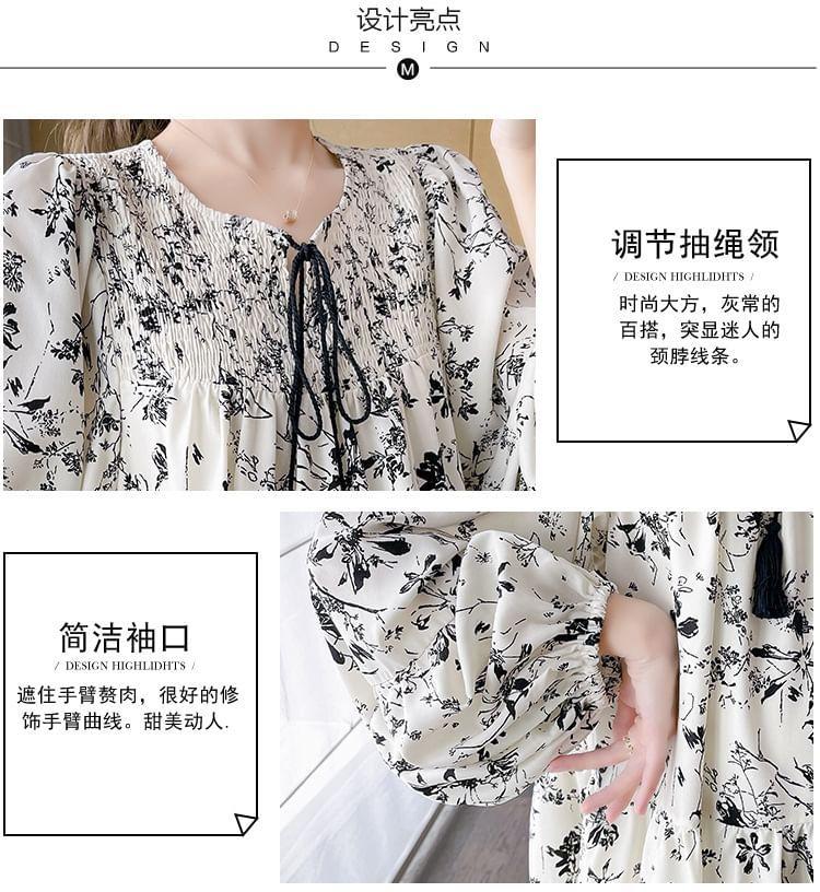 Maternity Long-Sleeve Round Neck Floral Print Tie Front Shirred Mini A-Line Dress Product Image
