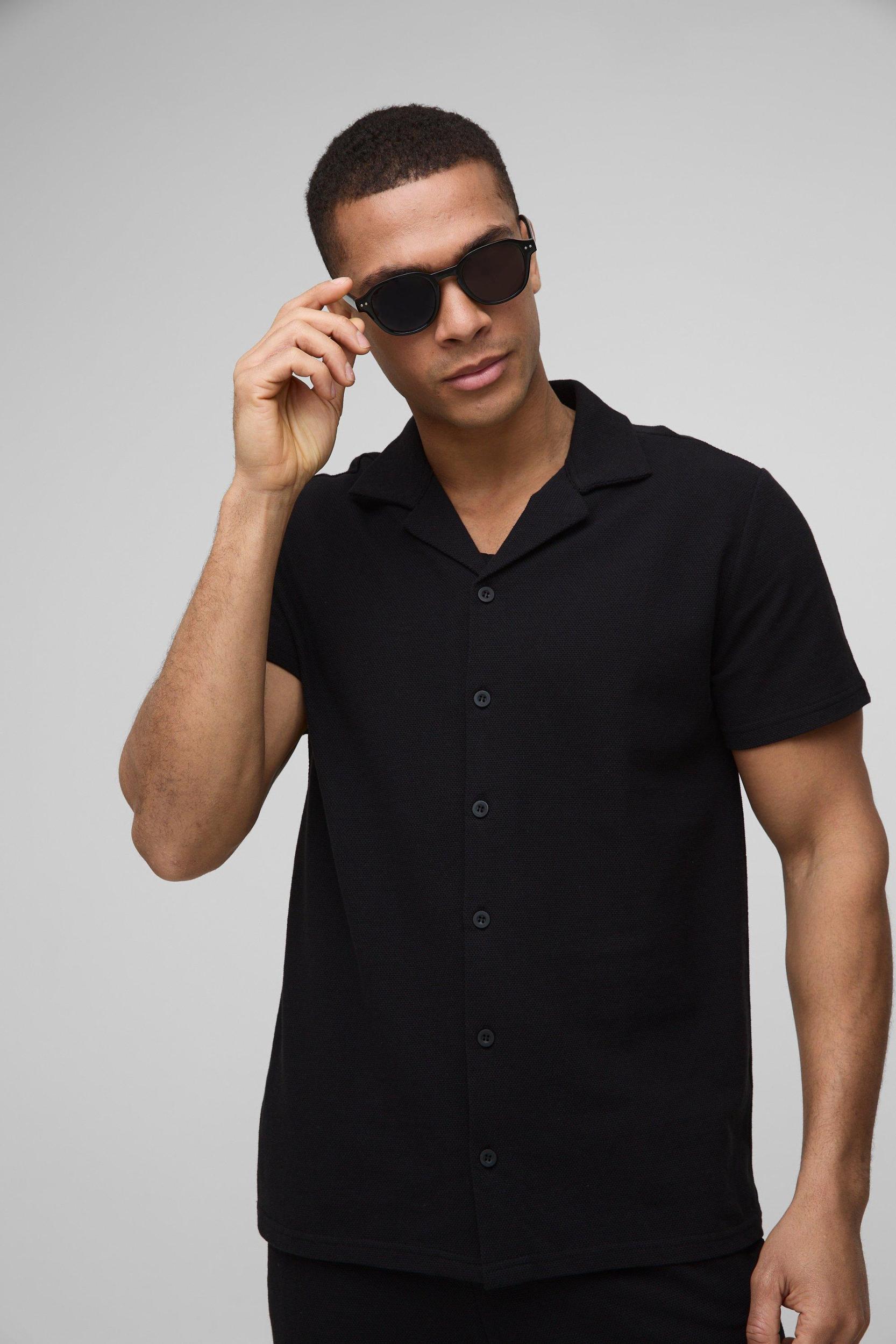 Regular Revere Short Sleeve Pique Shirt & Tapered Pants Set | boohooMAN USA Product Image