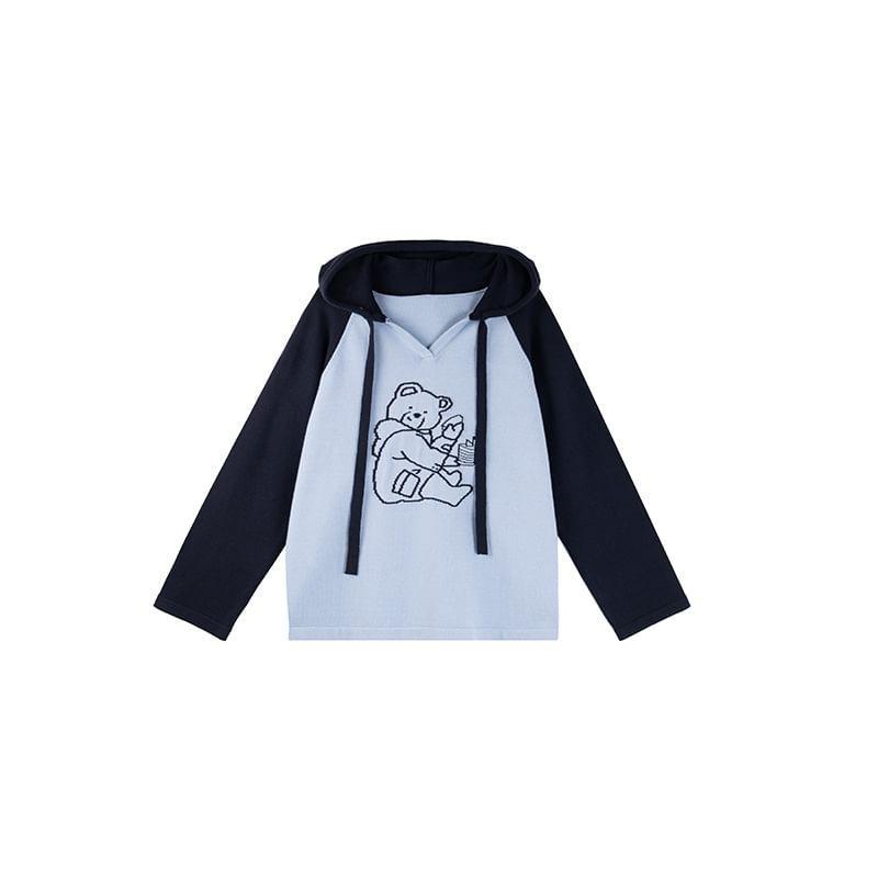 Plus Size V-Neck Bear Print Two Tone Hoodie Product Image