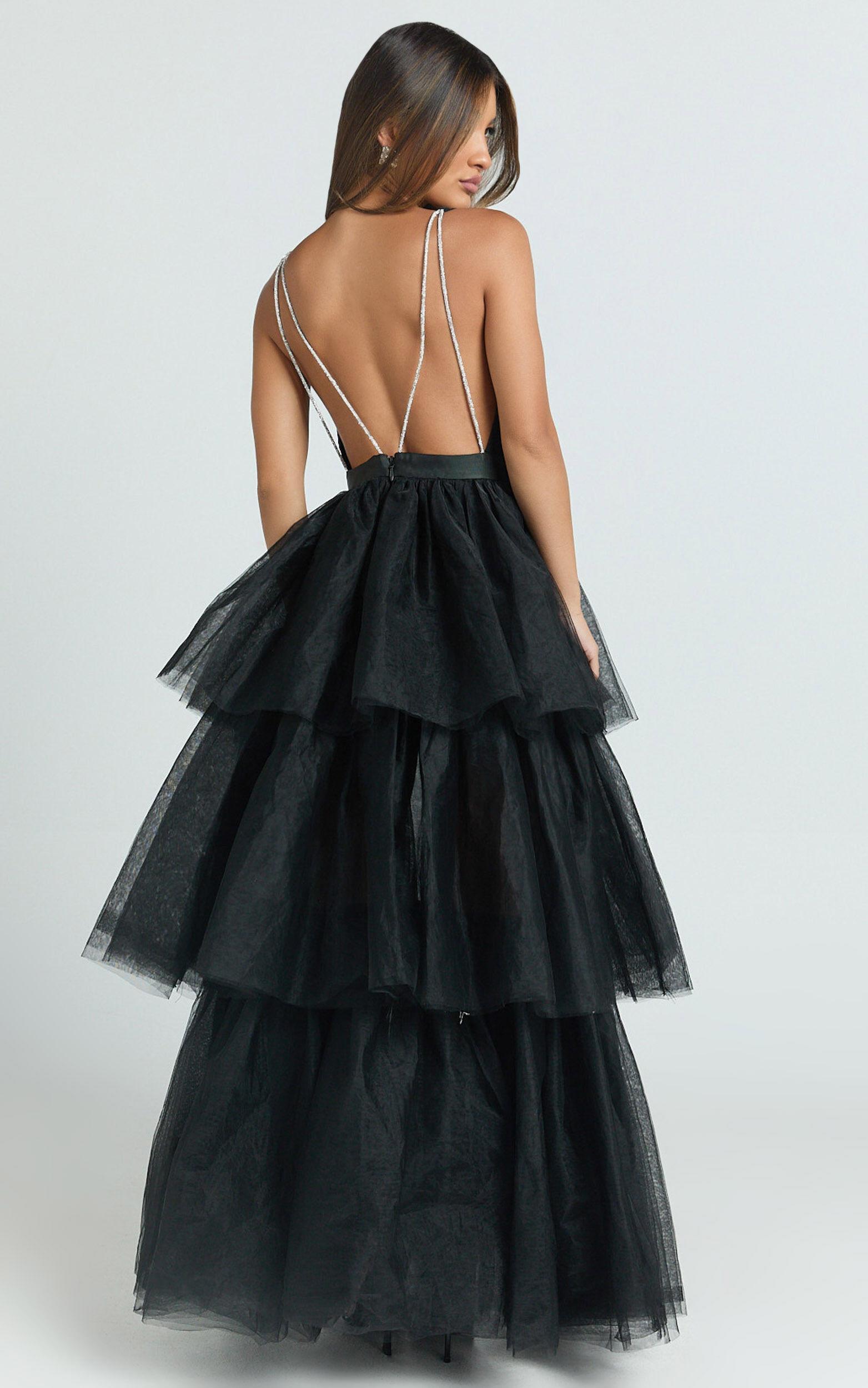 Jemma Maxi Dress - Tiered Tulle Plunge Cross Back Dress in Black Product Image