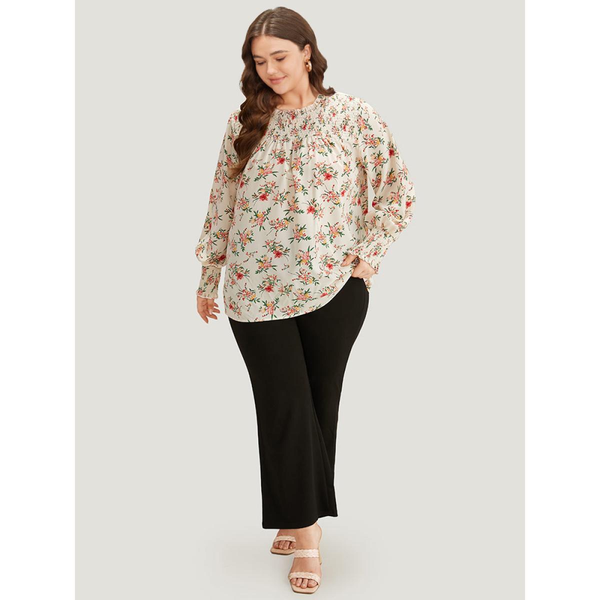 Plus Size White Floral Print Shirred Frill Trim Blouse Women Elegant Long Sleeve Round Neck Dailywear Blouses BloomChic 18-20/2X Product Image