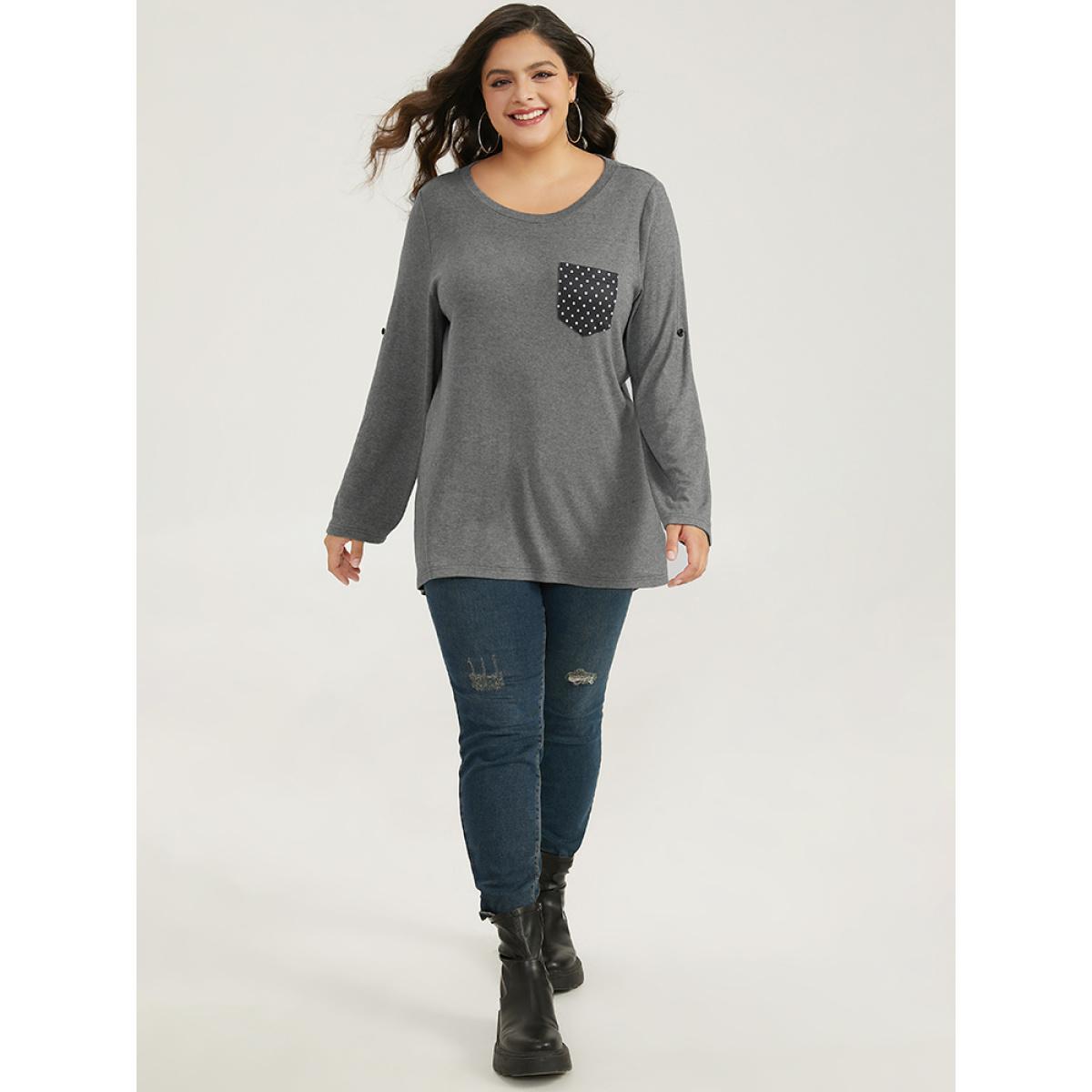 Plus Size Polka Dot Patched Pocket Tab Sleeve T-shirt DimGray Women Casual Contrast Polka Dot Round Neck Dailywear T-shirts BloomChic 14-16/1X Product Image