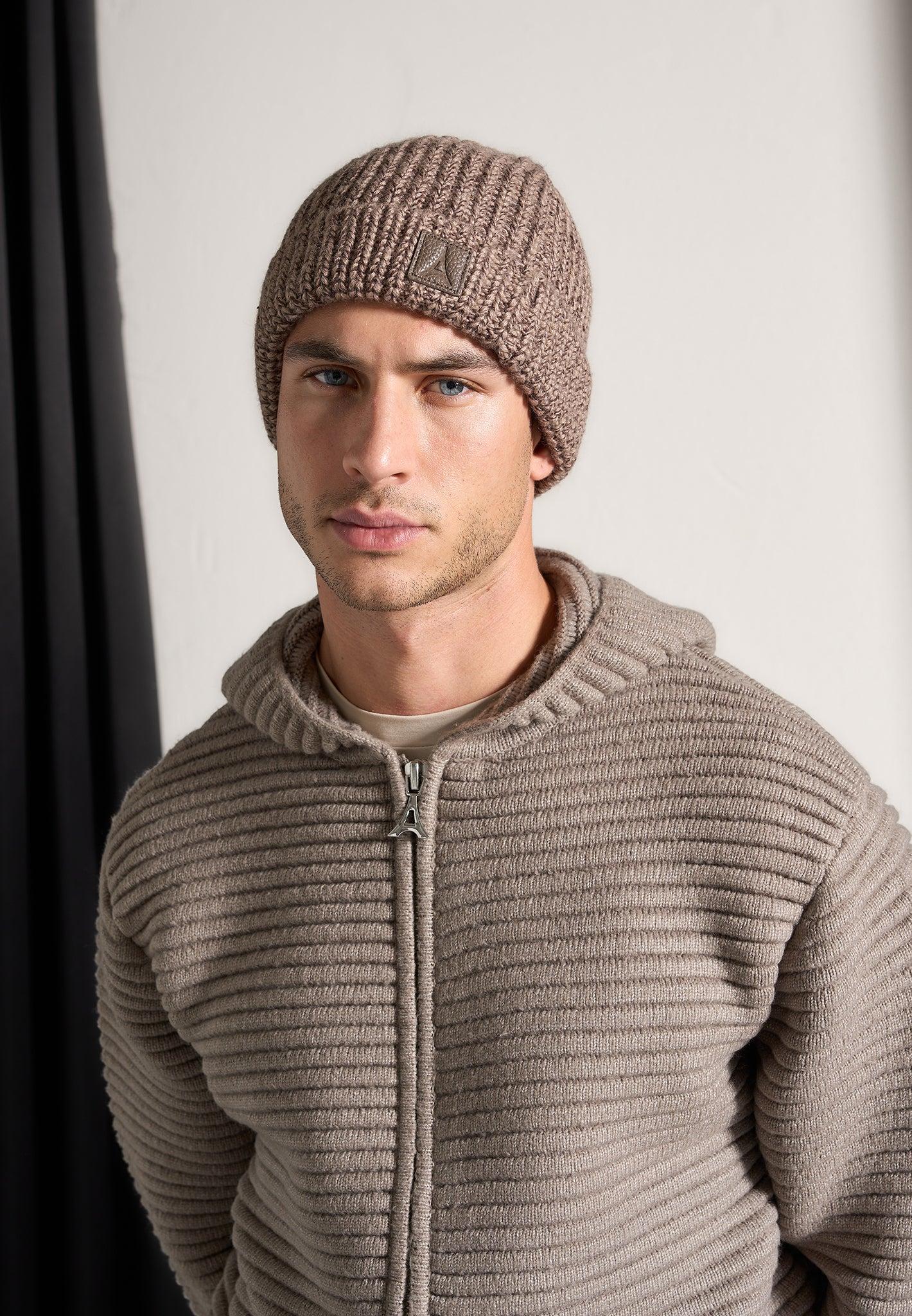 Ribbed Knit Zip Up Hoodie - Taupe Male Product Image