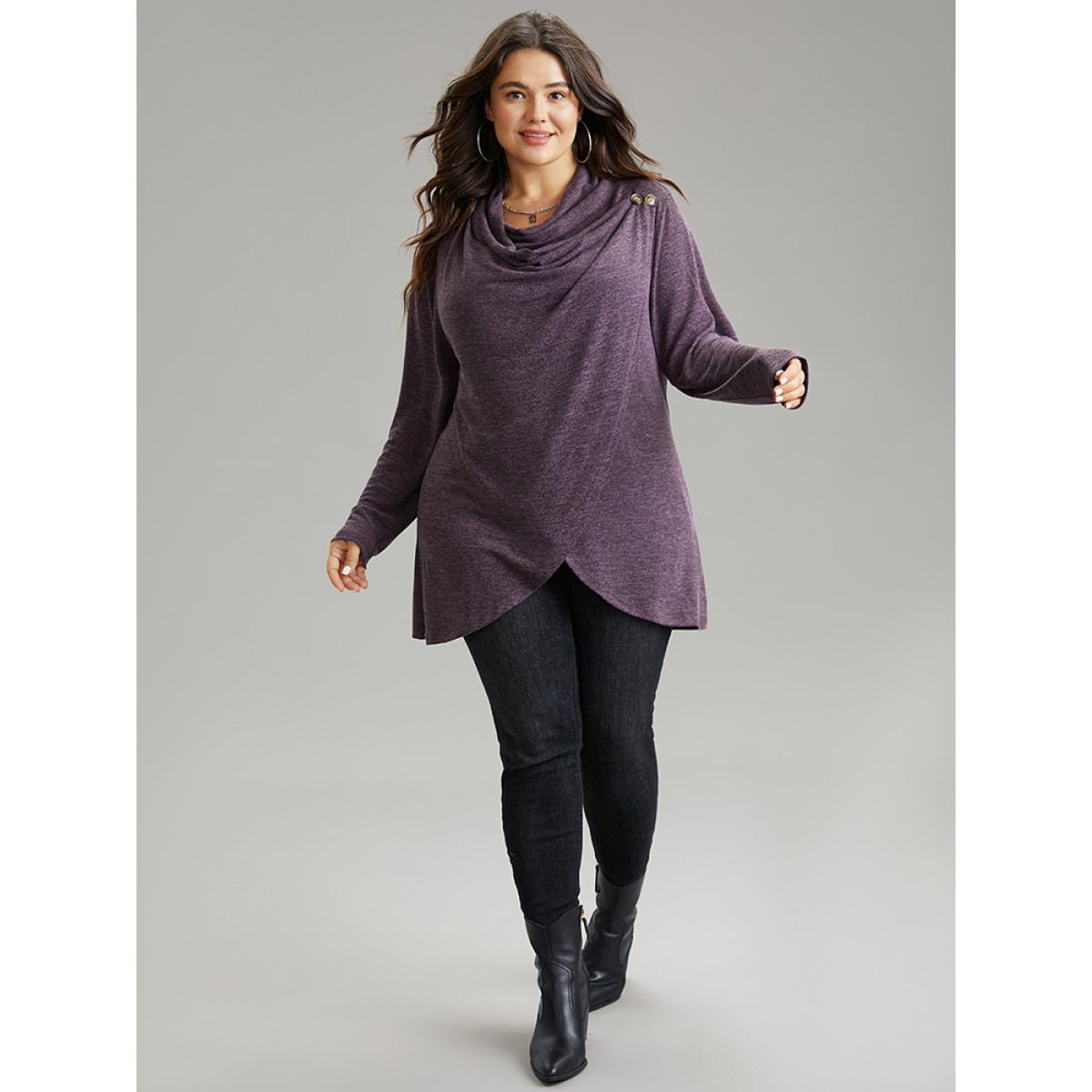 Plus Size Plain Heather Cowl Neck Button Detail Sweatshirt Women Purple Casual Overlapping Cowl Neck Everyday Sweatshirts BloomChic 28/5X Product Image