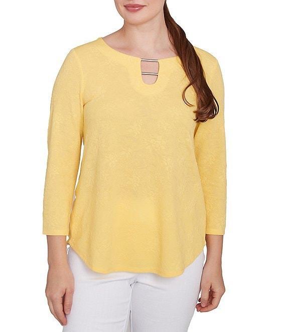 Ruby Rd. Petite Size Solid Paisley Floral Textured Knit Double Bar Detail Top Product Image