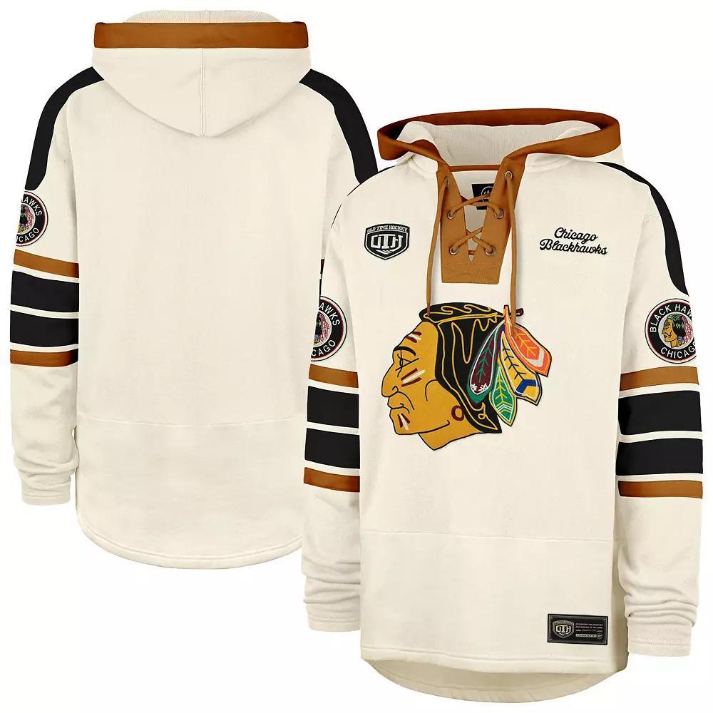 Men's '47  Cream Chicago Blackhawks Blue Line Heritage Lacer Pullover Hoodie, Size: Large, Beige Product Image