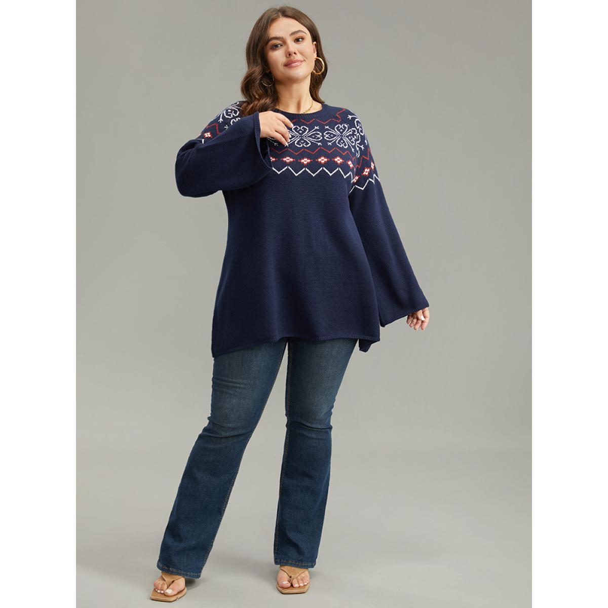 Plus Size Supersoft Essentials Geometric Bell Sleeve Pullover Indigo Women Casual Loose Long Sleeve Round Neck Dailywear Pullovers BloomChic 28/5X Product Image