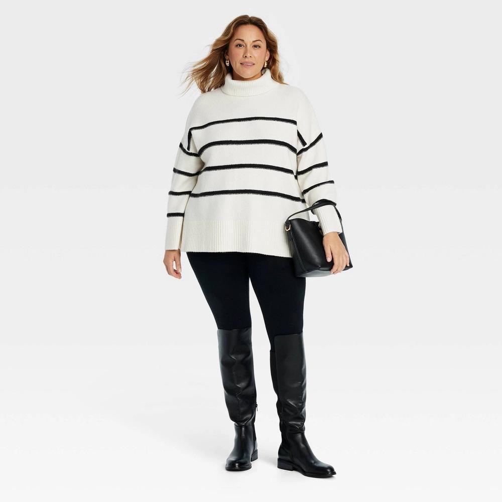 Womens Cozy Knit Turtleneck Pullover Sweater - Ava & Viv Cream Striped 1X Product Image
