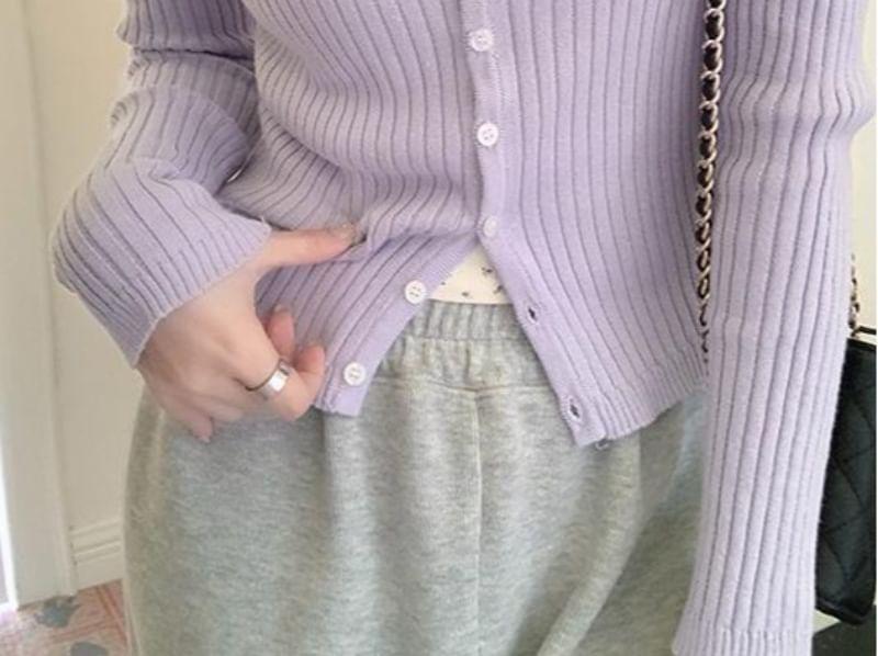 Long-Sleeve Scoop Neck Plain Ribbed Button Knit Top Product Image