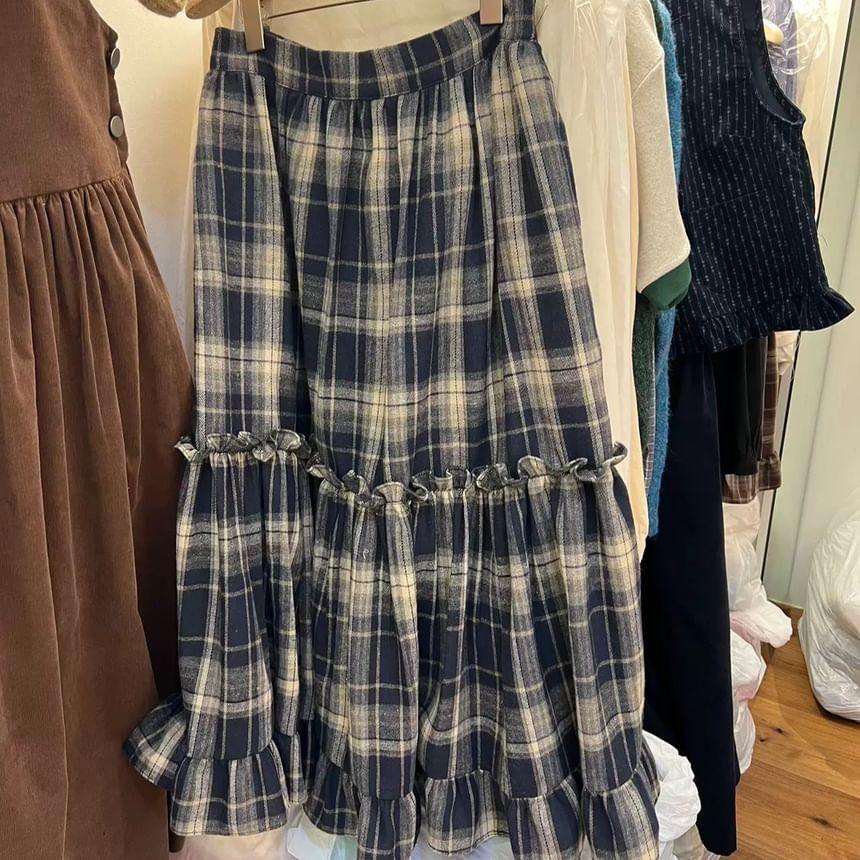 High Waist Plaid Ruffled-Trim Midi A-Line Skirt Product Image