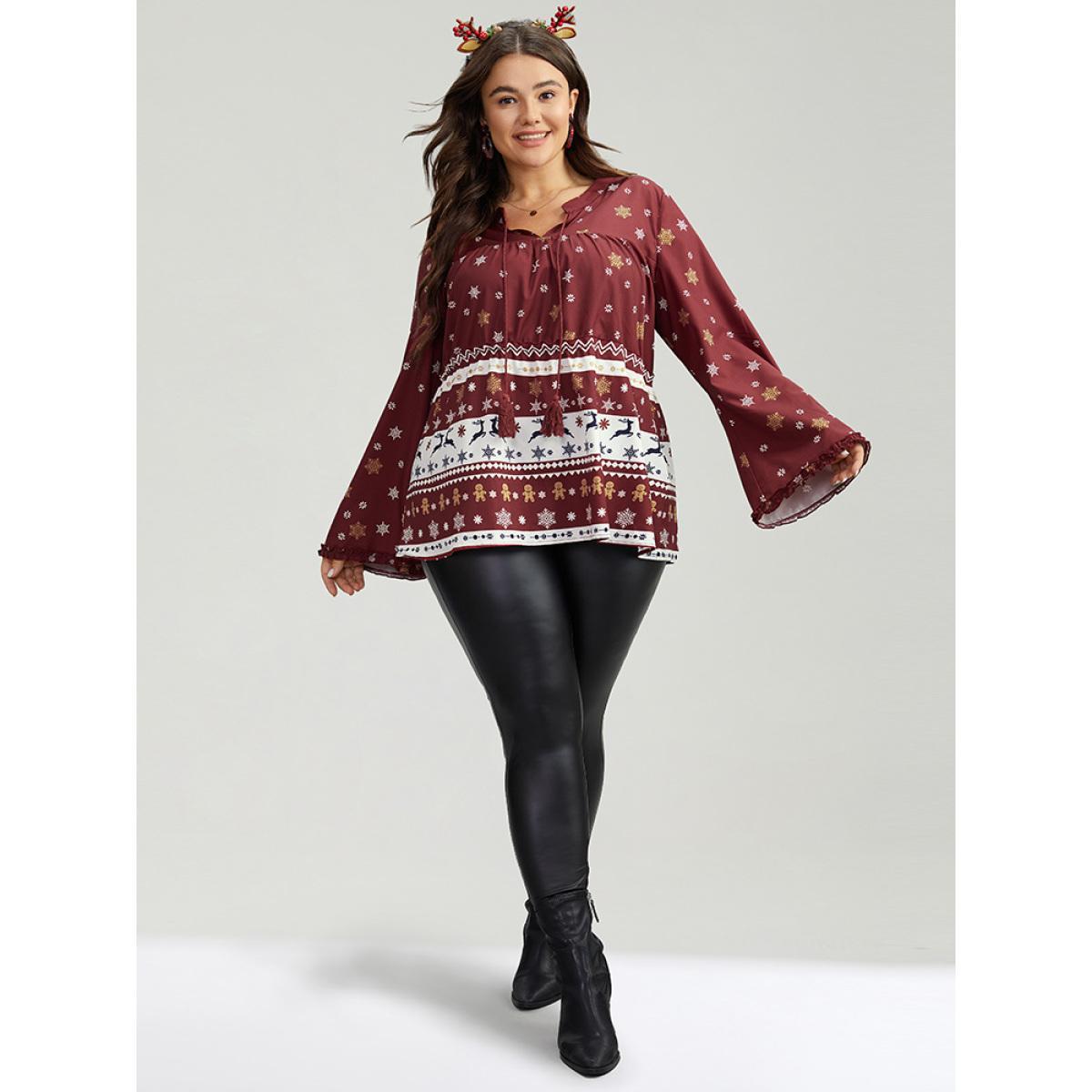 Plus Size Scarlet Christmas Print Tassels Ties Blouse Women Elegant Long Sleeve Tie Neck Festival-Christmas Blouses BloomChic 30/6X Product Image