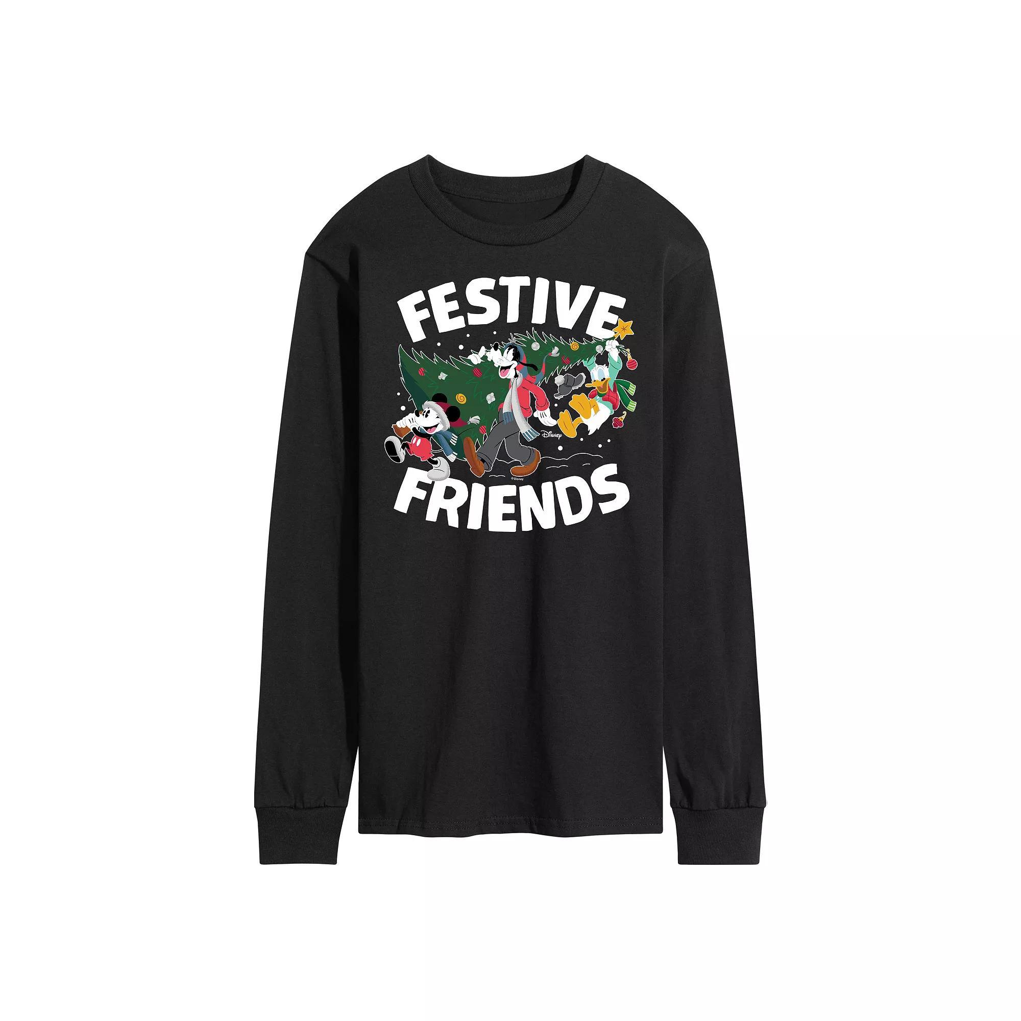 Disney's Mickey Mouse & Friends Men's Festive Friends Long Sleeve Graphic Tee, Size: Large, Black Product Image