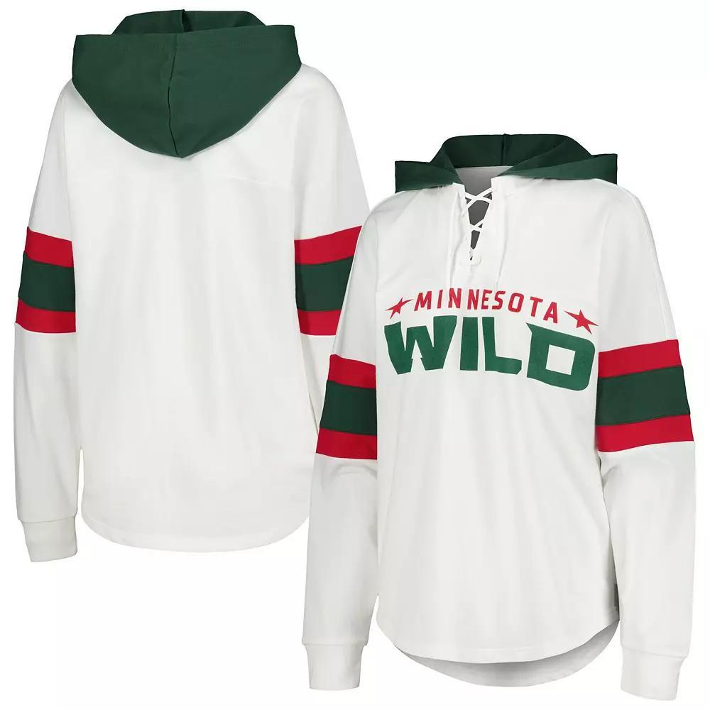 Women's G-III 4Her by Carl Banks White/Green Minnesota Wild Goal Zone Long Sleeve Lace-Up Hoodie T-Shirt, Size: Large Product Image