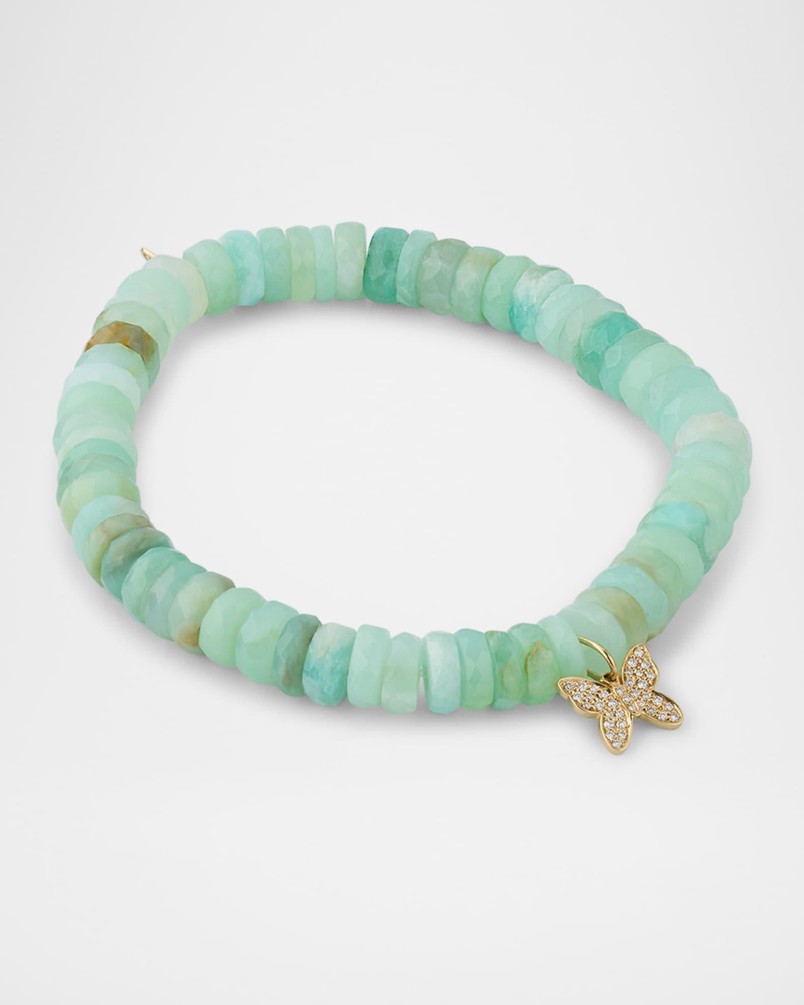 14K Gold Diamond Pave Butterfly Charm Peruvian Opal Beaded Bracelet Product Image