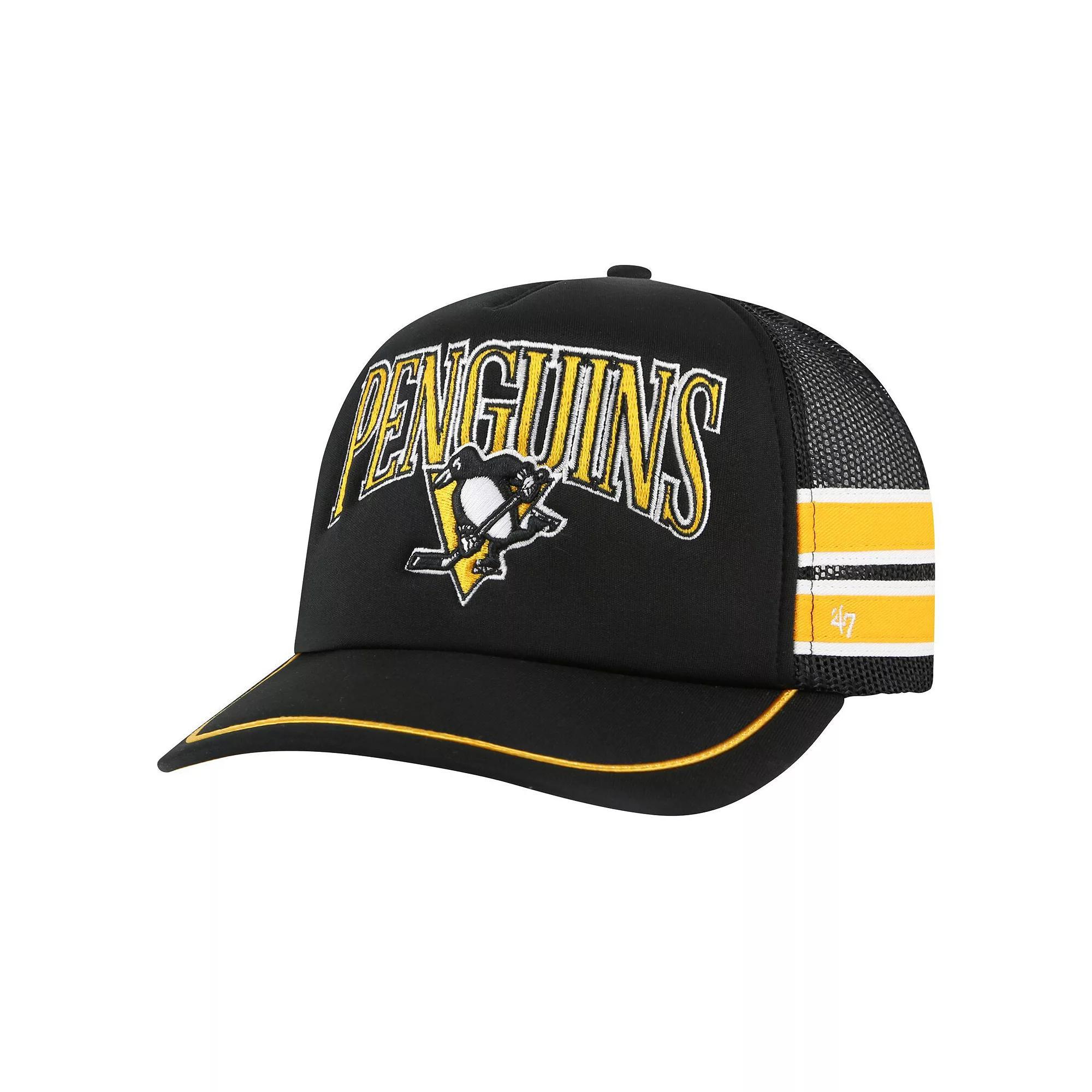 Men's '47 Black Pittsburgh Penguins Sideband Stripes Trucker Snapback Hat Product Image