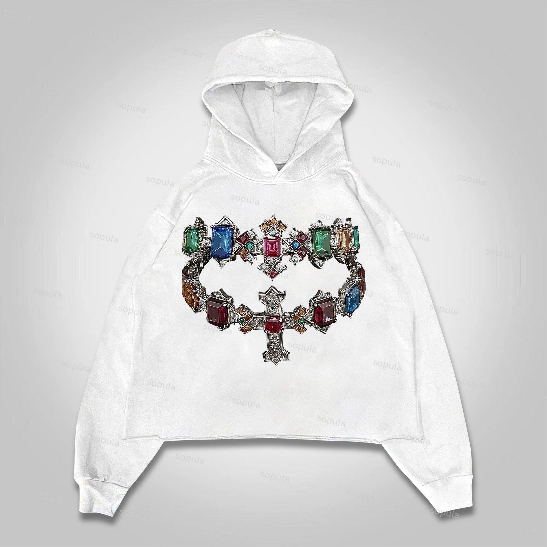 Sopula Fortune Diamond Cross Graphic Cropped Hoodie Pocketless Hoodie Product Image