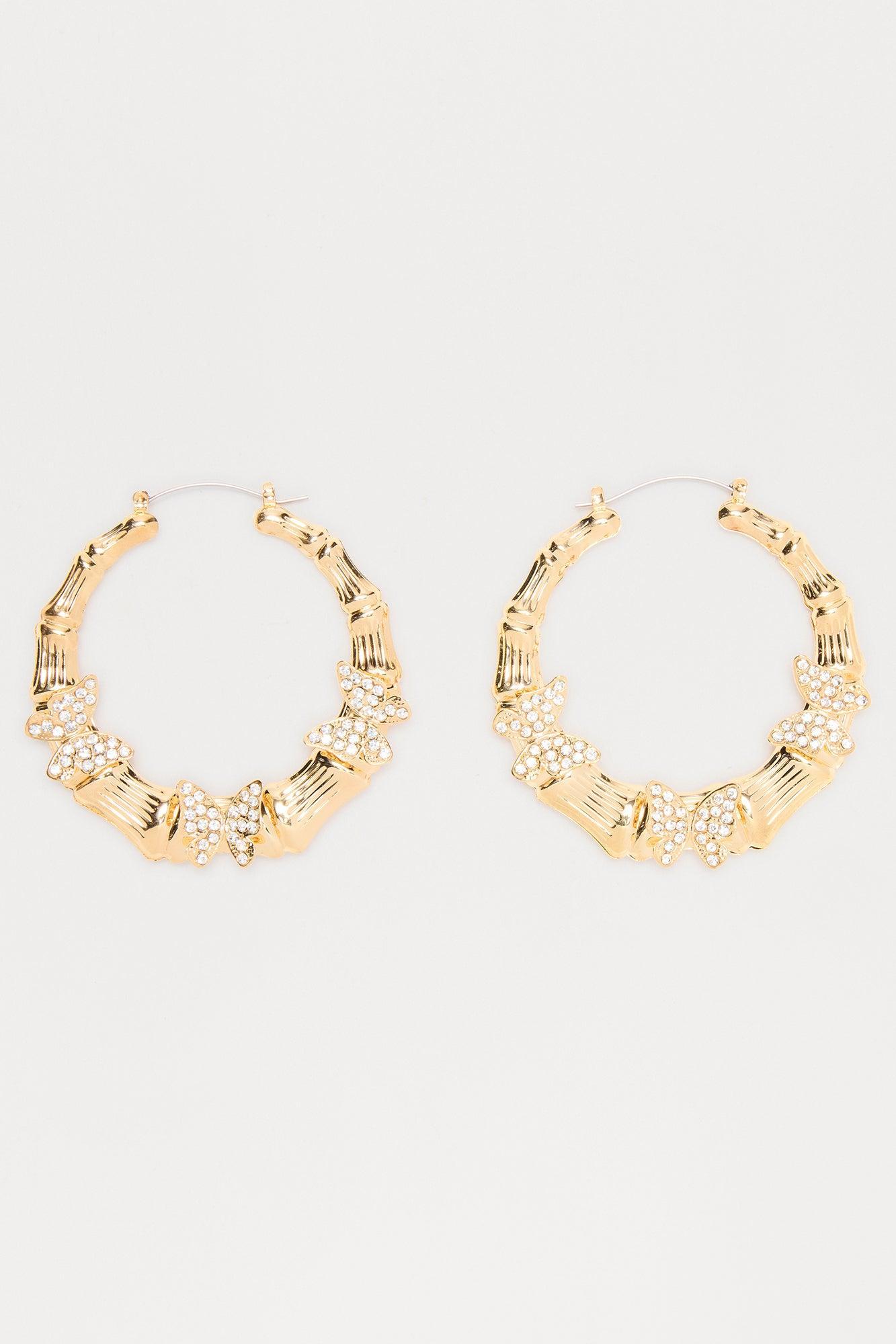 Butterfly Rhinestone Hoop Earrings - Gold Female Product Image