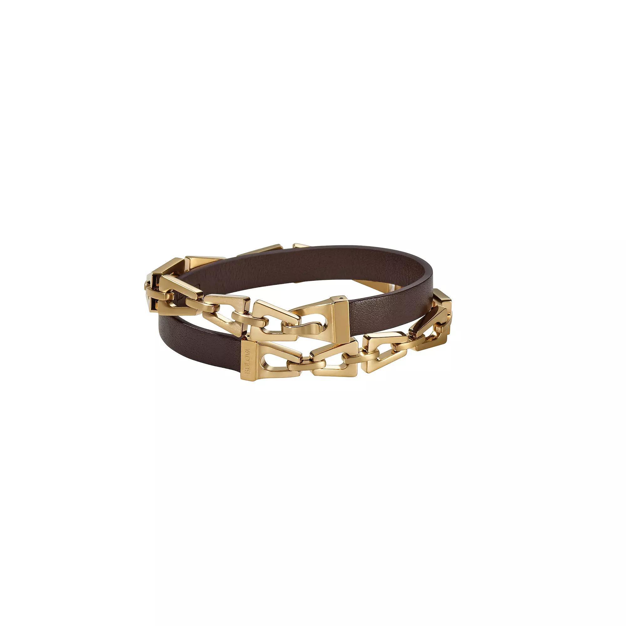 Bulova Mens Gold Tone Stainless Steel & Brown Leather Double Wrap Bracelet Multi Product Image