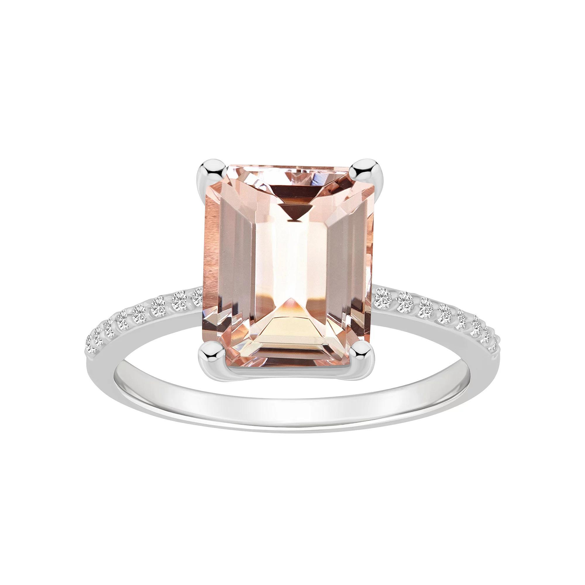 Alyson Layne Emerald Cut Morganite 1/10 Carat T.W. Diamond Ring, Womens 14k White Gold Product Image