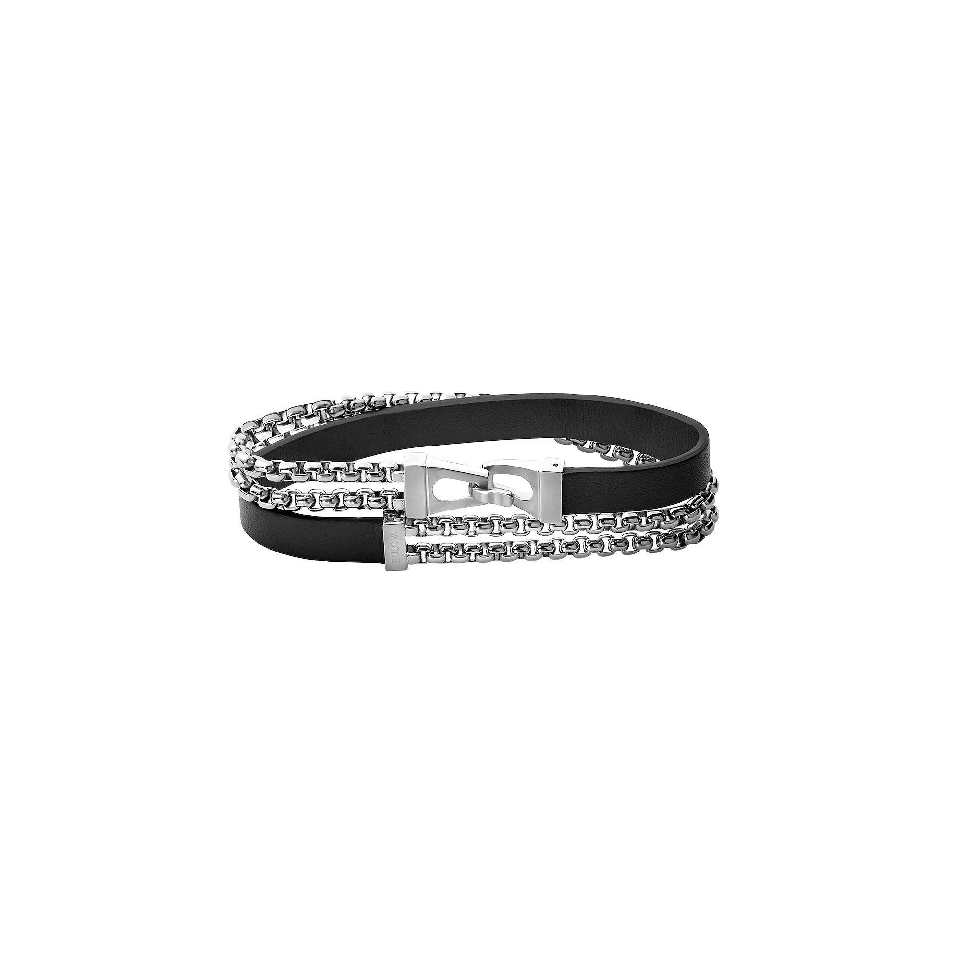 Bulova Mens Stainless Steel & Leather Classic Wrap Box Link Chain Bracelet Multi Product Image
