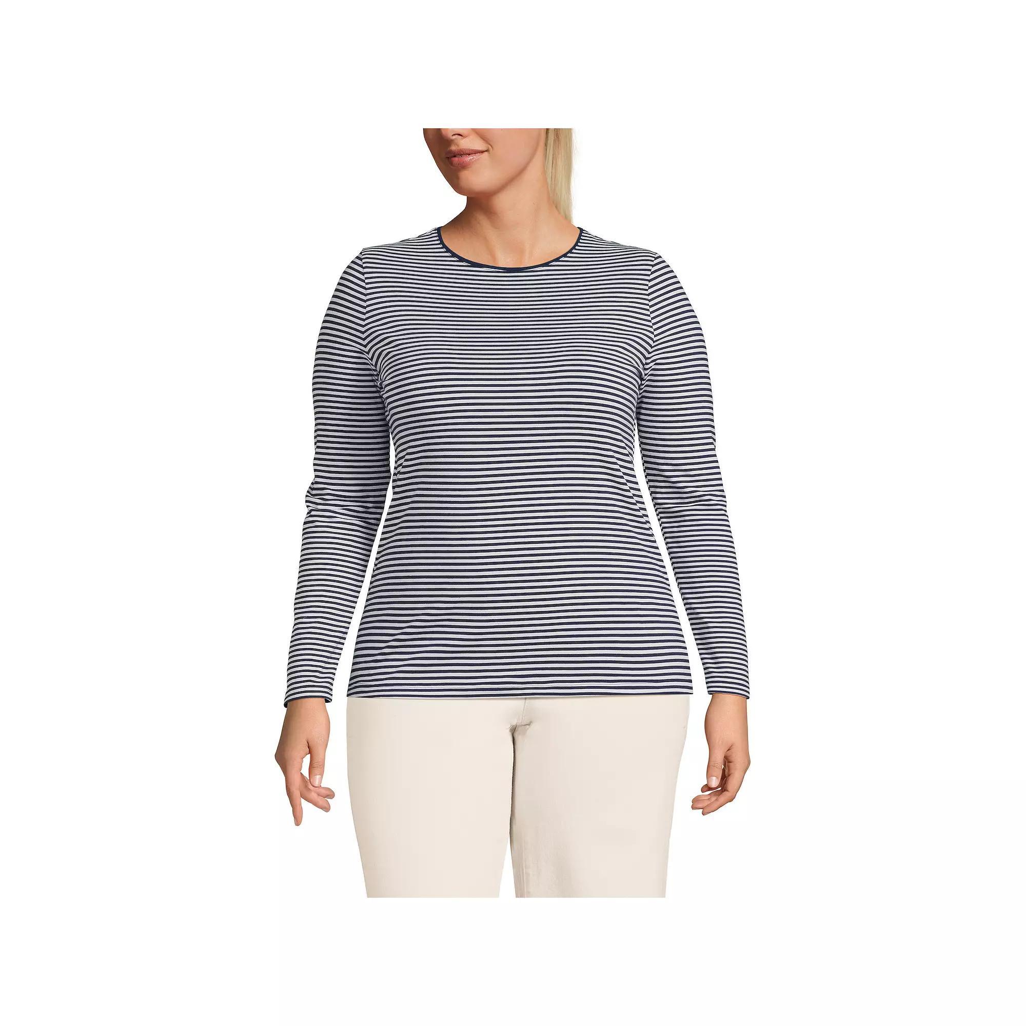 Plus Size Lands' End Long Sleeve Lightweight Jersey Crewneck Top, Women's, Size: 2XL, Navy White Stripe Product Image