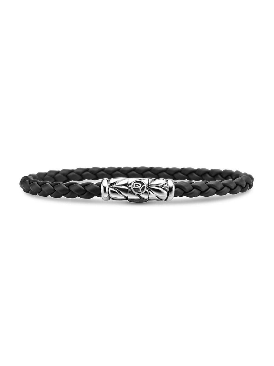 Mens Chevron Woven Bracelet in Black Rubber and Sterling Silver, 6mm Product Image