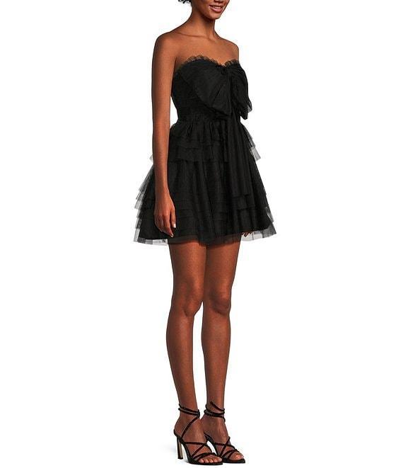 City Vibe Solid Strapless Bow Front Tiered Dress Product Image