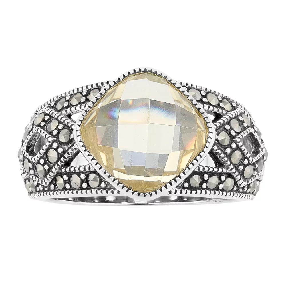Lavish by TJM Sterling Silver Canary Cubic Zirconia & Marcasite Cushion Ring, Women's, Size: 9 Product Image