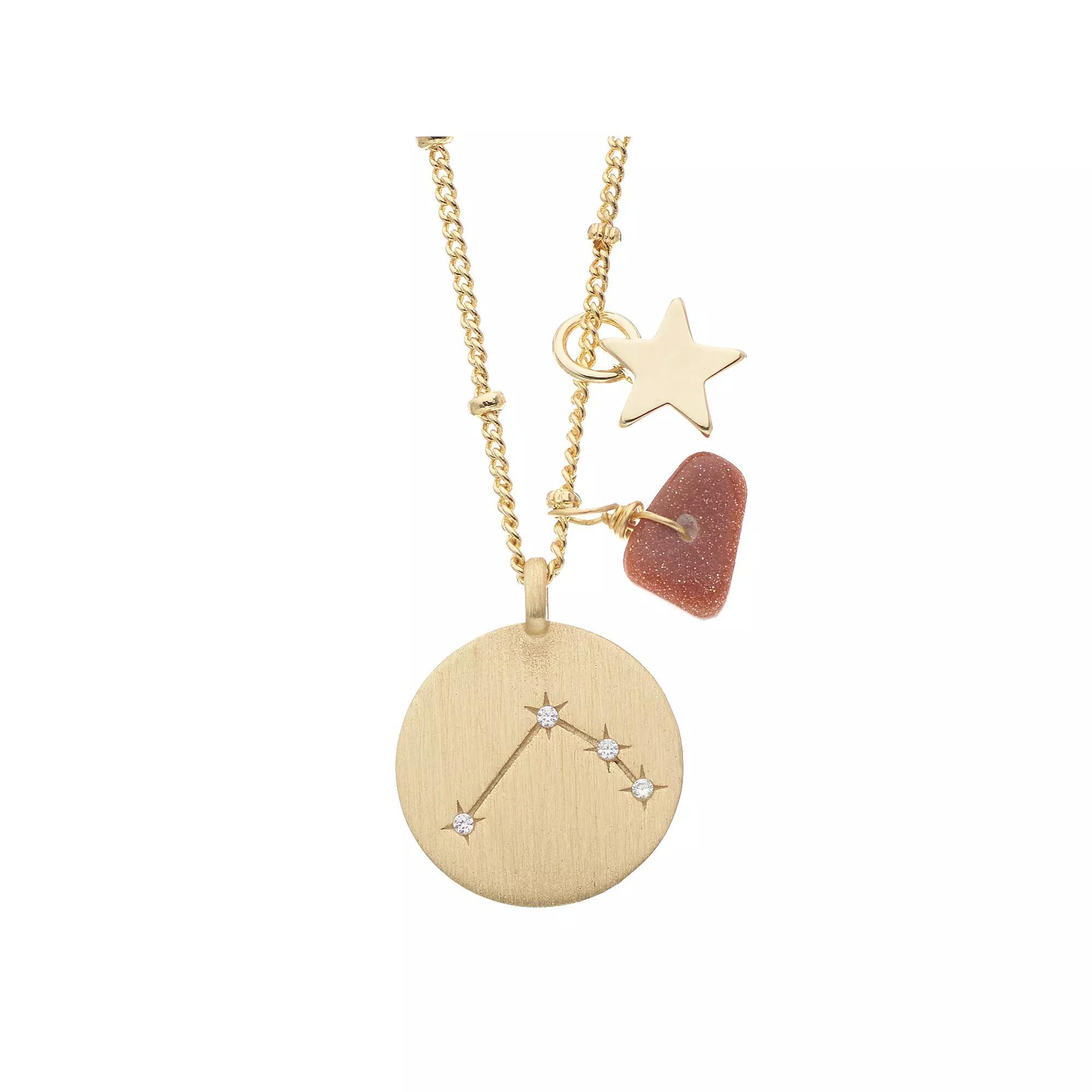 City Luxe Gold Tone Horoscope Cubic Zirconia Disk and Simulated Gemstone Charm Necklace, Women's, Gold Tone Capricorn Product Image