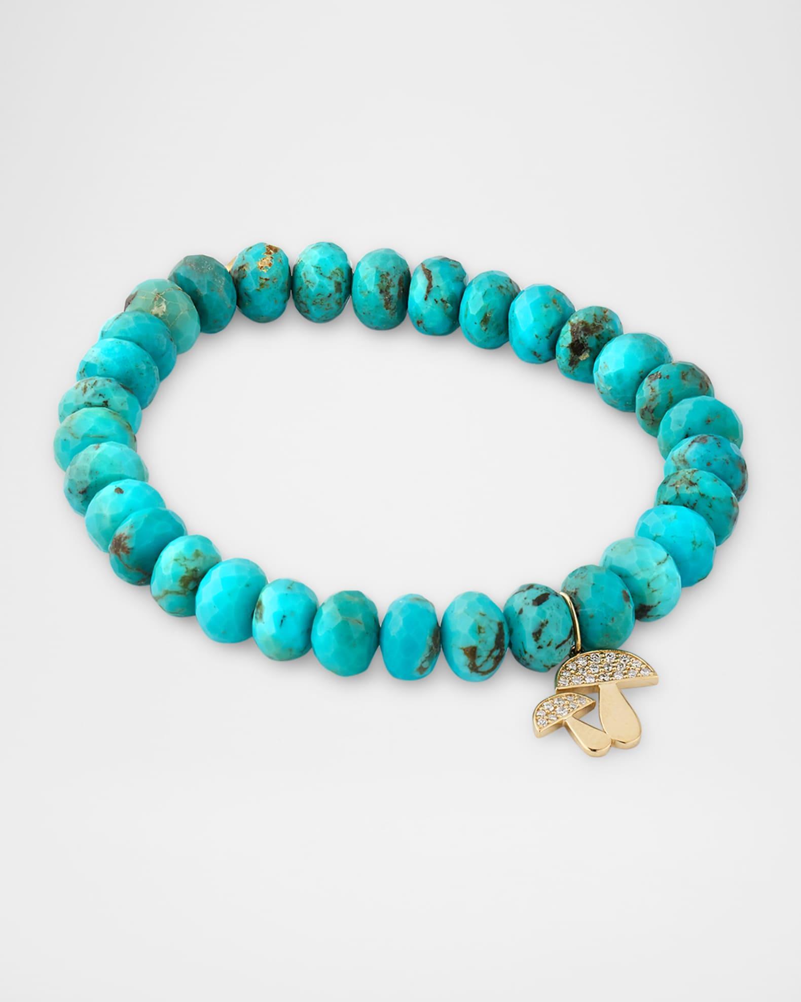 14K Gold Diamond Pave Mushroom Charm Turquoise Beaded Bracelet Product Image