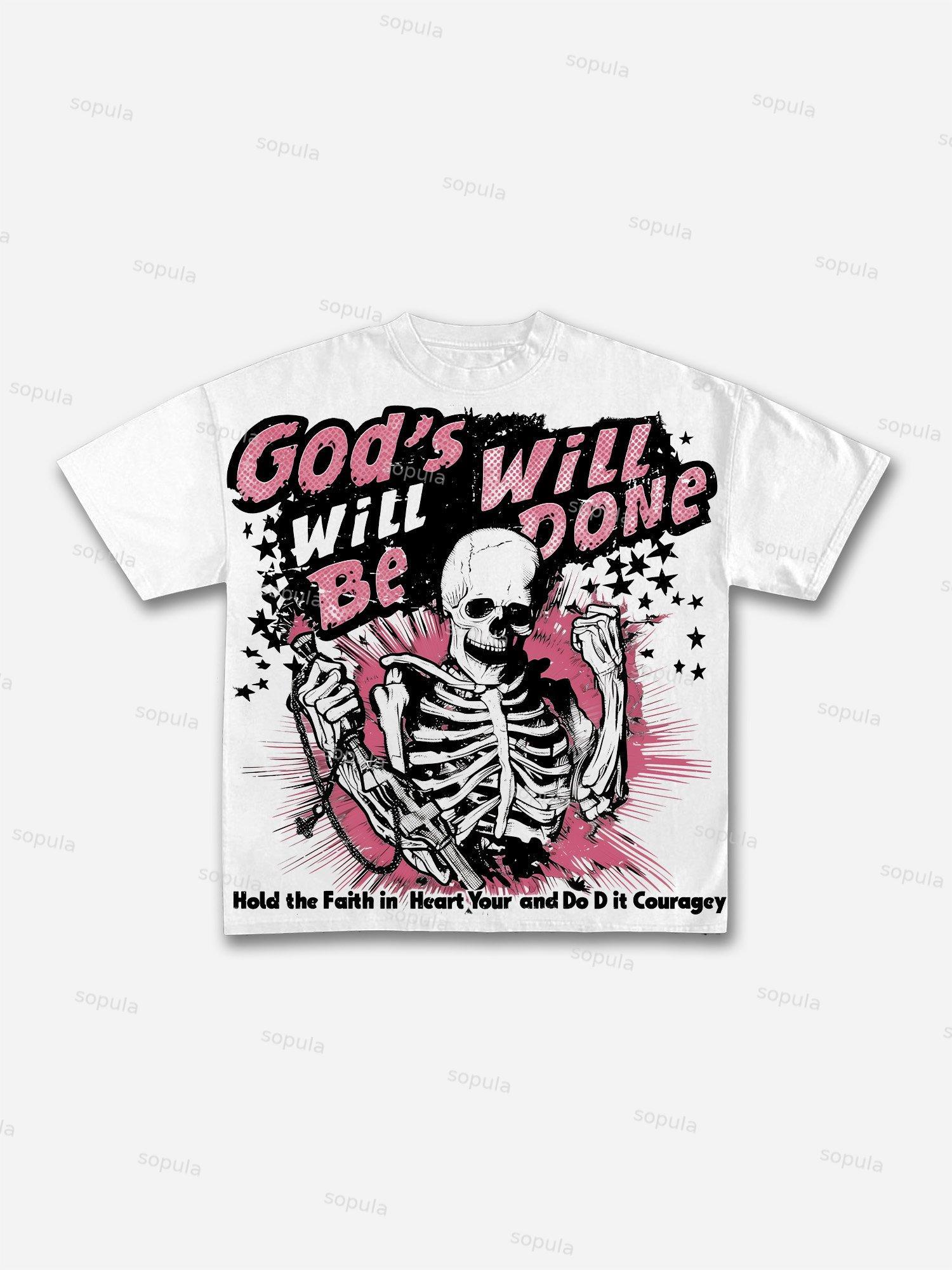 God's Will Is Fulfilled Skull Graphic Cotton T-shirt Product Image