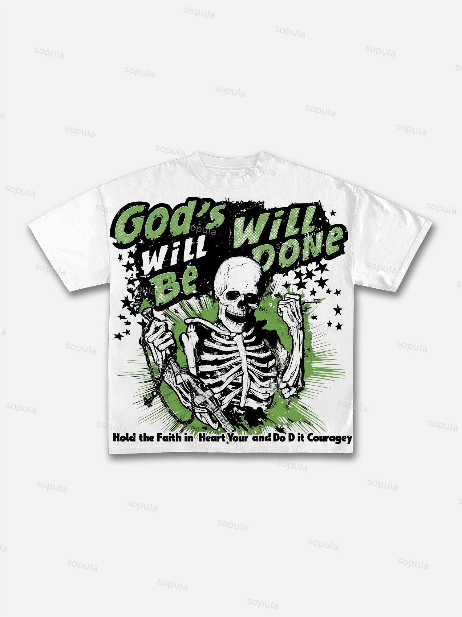 God's Will Is Fulfilled Skull Graphic Cotton T-shirt Product Image